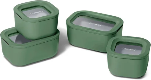 Miniatura 28 de Caraway - Juego de 3 recipientes de vidrio, almacenamiento de alimentos, 10/6.6 /4.4 tazas, revestimiento de cerámica, no tóxico, antiadherente