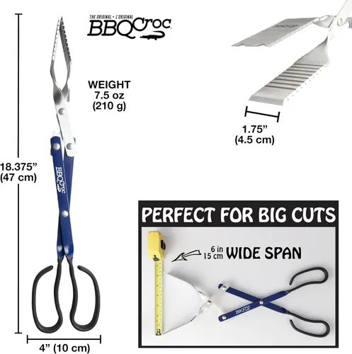 Miniatura 7 de Herramienta para barbacoa 3 en 1 de 18 pulgadas de BBQ Croc - Pinzas ligeras y largas, espátula y raspador de parrilla (azul)