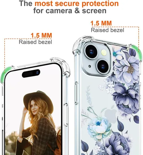 Miniatura 5 de Hungo Funda compatible con iPhone 15 Plus para mujer, diseño floral transparente, lindo, flor azul rosa Rosas Azules