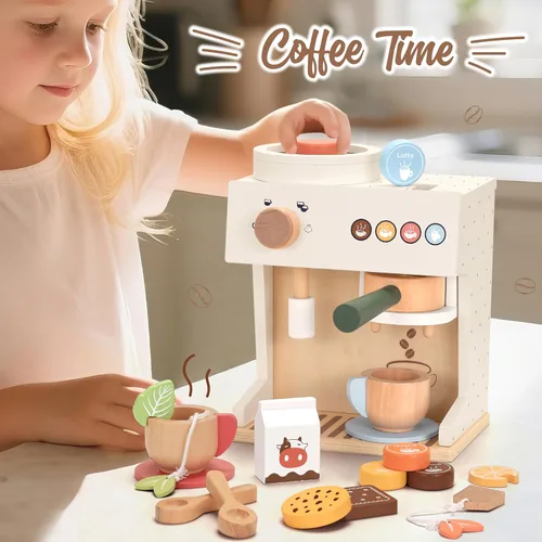 Miniatura 6 de PairPear Juego de simulación de cafetera de espresso de madera 18 piezas Set de barista con cápsulas, tazas y galletas, accesorio de cocina