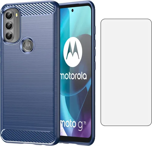 Asuwish Funda para Motorola Moto G71 5G con protector de pantalla de vidrio templado y accesorios de celda de silicona TPU Slim Mobile Hybrid Azul