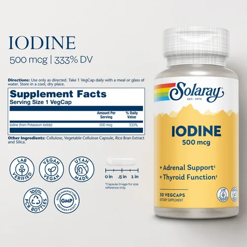 Miniatura 3 de Solaray Yodo 500 mcg, suplemento de yodo para apoyo suprarrenal y tiroideo saludable, energía, metabolismo y enfoque, yoduro de potasio, vegano