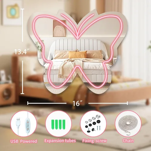 Miniatura 5 de Espejo de mariposa de anime con luces de letreros de neón para vestuario, sala de estar, dormitorio de niña, bonito espejo acrílico con atenuación