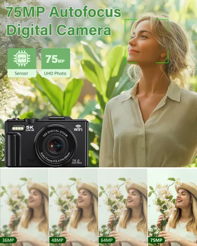Miniatura 3 de Cámara digital 5K para fotografía, cámara de vlogging WiFi de 75MP para YouTube, enfoque automático UHD de 18X, pantalla abatible de 3 pulgadas