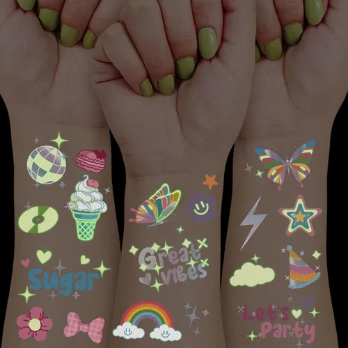 Tatuajes temporales que brillan en la oscuridad para adultos, 126 unidades; suministros de fiesta de cumpleaños de ambiente festivo, tatuajes
