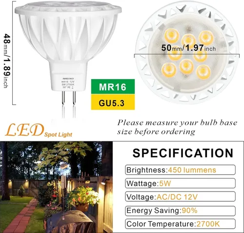 Miniatura 2 de Bombillas LED MR16, paquete de 6, 5 W (equivalente a 50 W de halógeno) 2700 K, blanco cálido, base GU5.3, 12 V, reflector no regulable, 38°, 450 lm