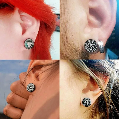 Miniatura 2 de FYLUN - Aretes vikingos para hombres, medidores falsos, aretes para hombre, aretes de runas vikingas, significado felicidad, riqueza, amor, fuerza