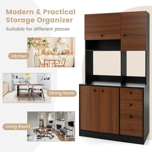 Miniatura 8 de Giantex Despensa de cocina, buffet con 3 armarios de almacenamiento, armario grande de piso de 71 pulgadas con 3 cajones profundos, encimera ancha