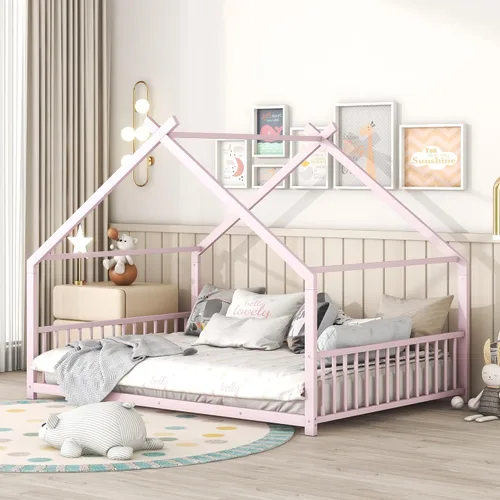 Miniatura 8 de P PURLOVE Marco de cama de tamaño matrimonial, marco de cama Montessori de metal para niños, marco de cama de casa para niños con techo, cabecero