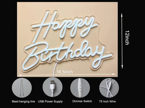 Miniatura 4 de Letrero LED de neón de feliz cumpleaños, luz nocturna, decoración de fiesta de cumpleaños, blanco cálido, funciona con USB, decorativo para telón