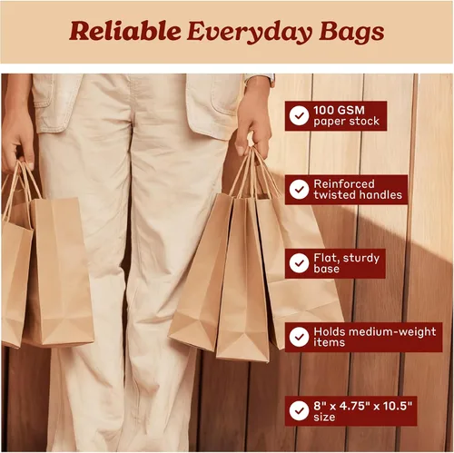 Miniatura 3 de PTP Bags Bolsas de papel kraft de 8 x 4.75 x 10.5 pulgadas, bolsa reciclable de 3.53 oz/m² con asas reforzadas para regalos de boutique, compras al