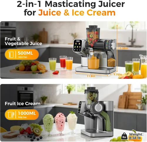 Miniatura 6 de WETIE Exprimidor de prensa en frío, máquinas de licuación lenta con pantalla táctil, presión de jugo ajustable, 99% de rendimiento de jugo