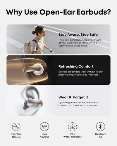 Miniatura 9 de Soundcore AeroClip de Anker, Auriculares de oído abierto, Auriculares de clip, Comodidad adaptativa, Llamadas claras con 4 micrófonos y AI, Ajuste