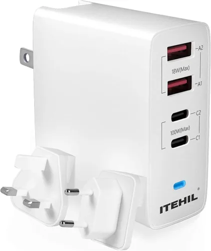 ITEHIL Cargador PD rápido de 4 puertos de 100 W, cargador portátil tipo C con enchufe plegable para iPhone 12/12 Pro Max/AirPods