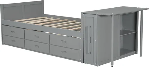 Miniatura 5 de Cama de plataforma de tamaño individual con nido y 3 cajones, escritorio pequeño, cama individual con gabinete extraíble y estantes