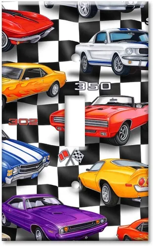 Art Plates - Placa decorativa de pared de metal con palanca de 1 pandilla - Cubierta de placa de interruptor de luz de una pandilla - Muscle Cars -