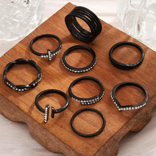 Miniatura 9 de KISS WIFE Juego de anillos dorados, plateados y negros para nudillos, para mujeres, delicados, simples, modernos, apilables, perfectos para apilar