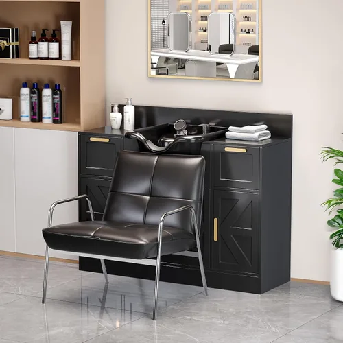 Miniatura 2 de OmySalon Cuenco de champú con gabinete, estación de lavado de cabello con cajones, grifo certificado UPC, fregadero de retrolavado de estación