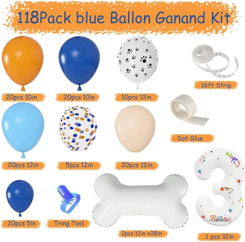 Miniatura 4 de Juego de 118 globos azules y naranjas de tercer cumpleaños, globos de pata de perro, suministros para fiestas de cumpleaños Blue3