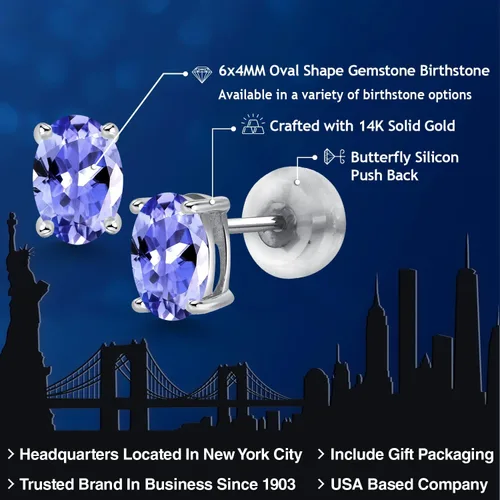 Miniatura 2 de Gem Stone King Aretes ovalados con piedra natal de oro de 14 quilates Ovalados de 0.236 x 0.157 pulgadas