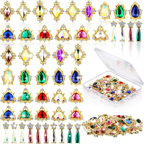 Miniatura 8 de Maitys 35 piezas de diamantes de imitación 3D de lujo para arte de uñas, dijes dorados para uñas con caja de almacenamiento, cristales