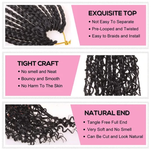 Miniatura 3 de COOKOO Cabello de Trenzas de Caja Bohemias de Ganchillo de 8 Pulgadas para Mujeres Negras, Paquete de 8, Cabello Sintético de Trenzas de Caja