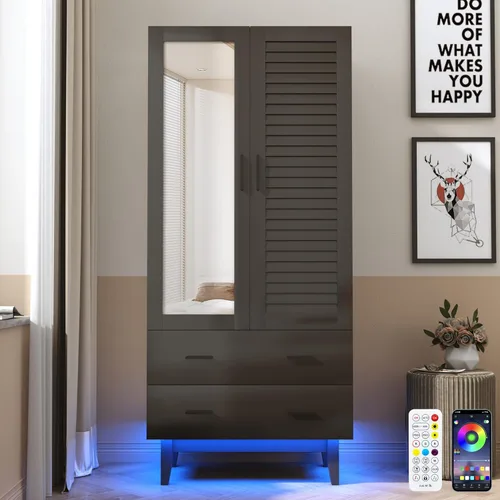 Hlivelood Armario Ropero Closet de 2 Puertas con Espejo, Cajones y Luces LED, Estantes de Múltiples Niveles, Barra Colgante y 2 Puertas de Persiana,