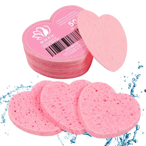 50 esponjas faciales comprimidas en forma de corazón, esponjas cosméticas 100% naturales para limpieza facial para limpieza facial diaria, Rosa