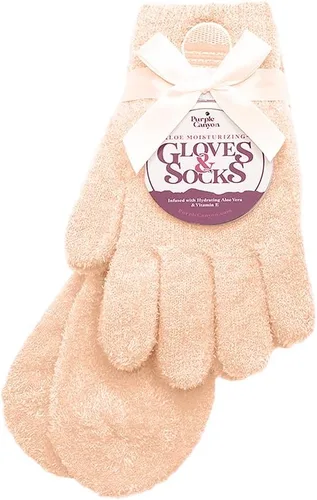 Miniatura 18 de Kit de cuidado de pies con calcetines y guantes hidratantes y bálsamo para talones de Purple Canyon Calcetines y guantes color durazno infundidos
