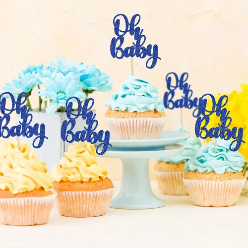 Miniatura 5 de Gyufise 36 piezas Oh Baby Cupcake Toppers Glitter Baby Shower Oh Baby Cupcake Picks para revelación de género Baby Shower Niños Niñas Fiesta de Azul