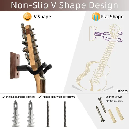 Miniatura 4 de Soportes de pared para guitarra, paquete de 4, ganchos para guitarras acústicas y eléctricas, mandolina banjo bajo, base de madera de nogal negro