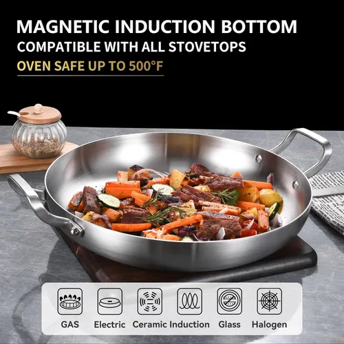 Miniatura 3 de Inqibee Paella de acero inoxidable de tres capas de 14 pulgadas, sartén grande, sartén grande, sartén grande, cocina jumbo, utensilios de cocina