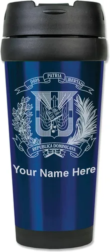 LaserGram Taza de viaje de café de 16 onzas, Escudo de armas República Dominicana, grabado personalizado incluido (azul oscuro)