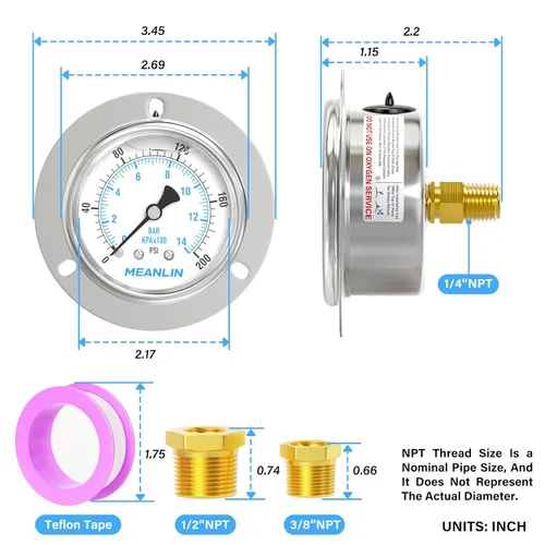 Miniatura 2 de MEANLIN MEASURE Manómetro de presión con líquido de 0~200 Psi, montaje en panel con brida frontal, NPT de 1/4", esfera de 2.5 pulgadas, caja