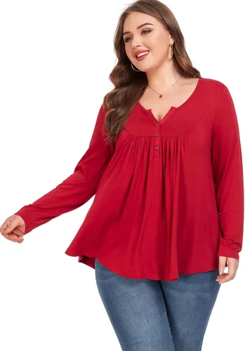 Miniatura 5 de Camiseta básica para mujer, talla grande, cuello Henley, con botones, ajuste holgado, estilo casual