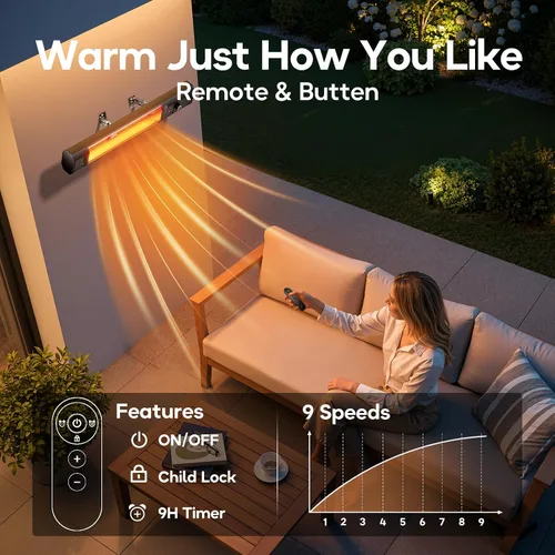 Miniatura 3 de Calentador de patio montado en pared para exterior, calentador de espacio para garaje, patio trasero, habitación interior, 1500W. Calentador