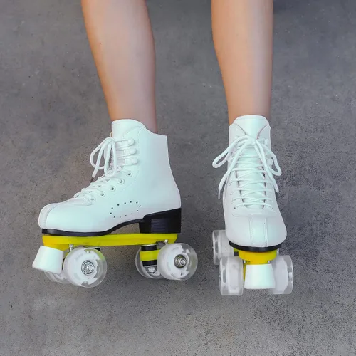 Miniatura 6 de Patines de ruedas para hombres y mujeres, patines Derby negros con 4 ruedas brillantes, patines clásicos de doble fila para interiores y exteriores