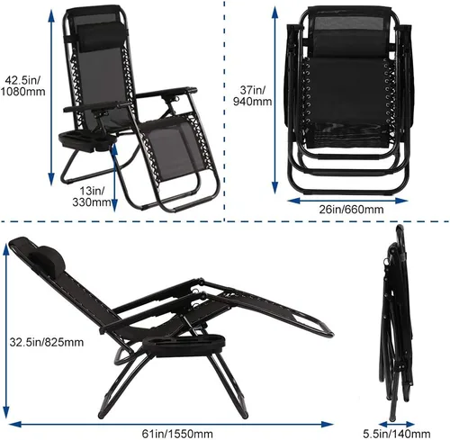 Miniatura 2 de Dkeli Zero Gravity - Juego de 2 sillas plegables y ajustables para patio con portavasos para exteriores, reclinables, para campamento, junto a