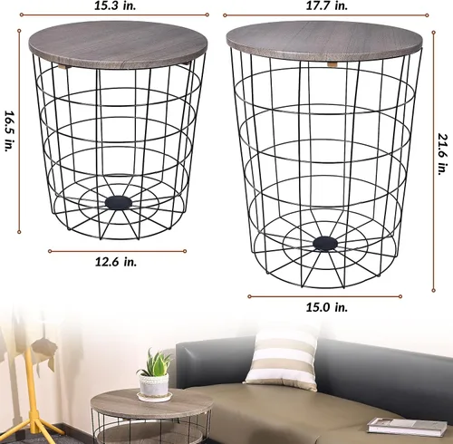 Miniatura 3 de Elevon Mesa auxiliar de mesa anidable, base de cesta de alambre con tapas de madera, juego de 2, gris