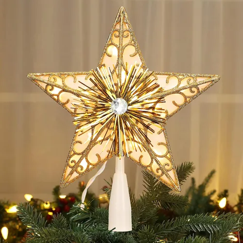 Miniatura 11 de Brizled Estrella para Copa del Árbol de Navidad de 9.5", Copa Plateada con Purpurina, Adorno 3D para Árbol de Navidad con 10 Luces, Certificado UL