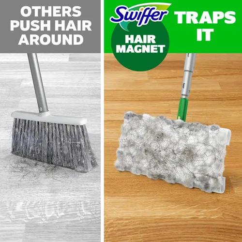 Miniatura 8 de Swiffer Kit de iniciación de lujo para el cabello con poste plegable, 9 paños secos con imán para el cabello, 2 paños húmedos adicionales para mopa