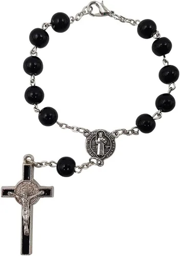 Medalla de San Benito Rosario católico de una década con cuentas de oración negras con cruz crucifijo para regalo de Tierra Santa