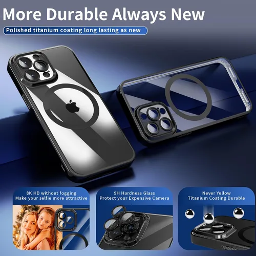 Miniatura 4 de Funda magnética para iPhone 15 Pro Max galvanizada transparente TPU suave [protección completa del lente de la cámara] imanes N56 que no se