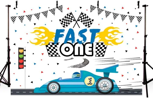 Miniatura 3 de MEHOFOND Fondo de 1er cumpleaños de coche de carreras de 7 x 5 pies, color azul rápido, fiesta de cumpleaños, fotografía de fondo, tema de coche