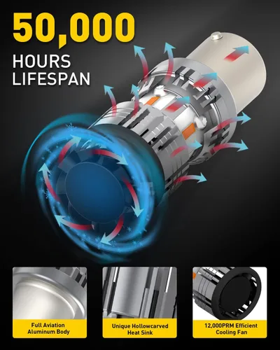 Miniatura 4 de AUXITO 2025 - Bombillas LED mejoradas 1156 para luz de señal de giro con ventilador, 4000 LM 600% súper brillantes amarillo ámbar, BA15S 1141 7506
