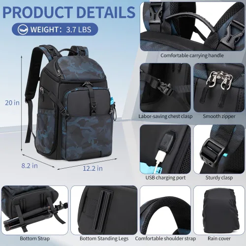 Miniatura 4 de Mochila para cámara DSLR/SLR/sin espejo, bolsa grande para fotografía para hombres y mujeres, con compartimento para laptop y soporte para trípode