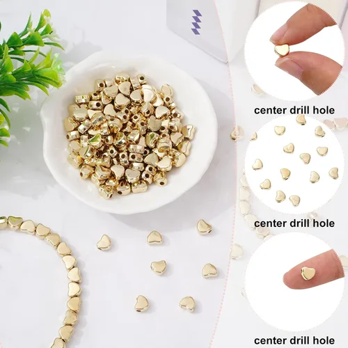 Miniatura 3 de Whaline 600 cuentas acrílicas doradas en forma de corazón con cuerda elástica para hacer joyas, bricolaje y decoración del hogar Dorado
