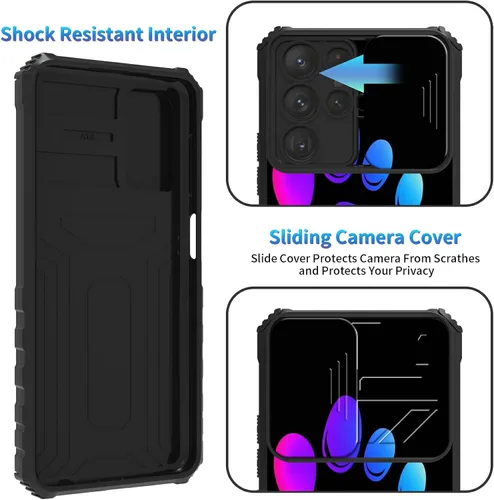 Miniatura 583 de Funda para Samsung Galaxy S22 Ultra 5G, Galaxy S22 Ultra con cubierta de cámara deslizante, funda resistente de doble capa con función atril Black