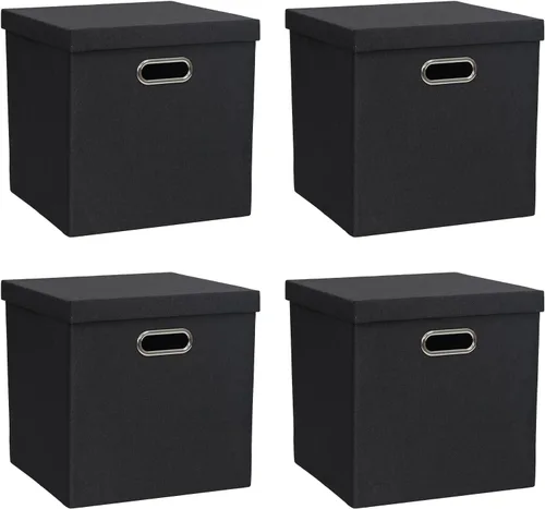 Contenedores de almacenamiento con tapas, cajas plegables de tela de lino, contenedores organizadores con tapa, cesta de almacenamiento plegable