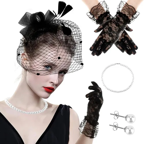 4 tocados para mujer, tocado para la cabeza, guantes de encaje, sombreros de fiesta de té para mujeres con guante, sombrero de cóctel